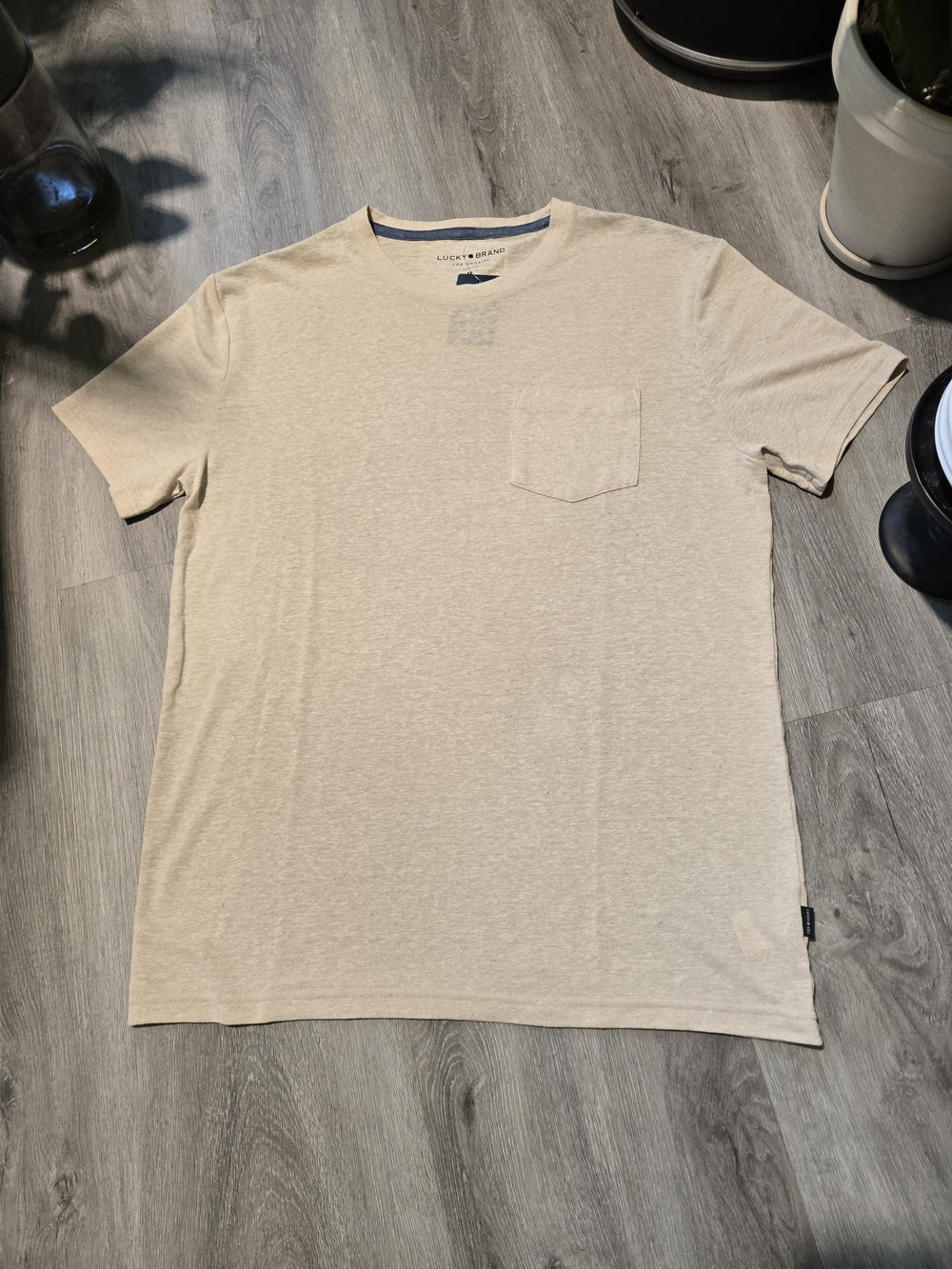 Lucky Brand Men's Linen Blend  Beige Pocket Tee